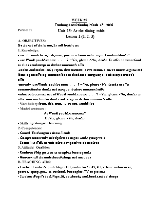 Giáo án Tiếng Anh Lớp 3 - Tuần 25 - Unit 15: At the dining table - Lesson 1. Period 97 - Lê Thị Lan Anh