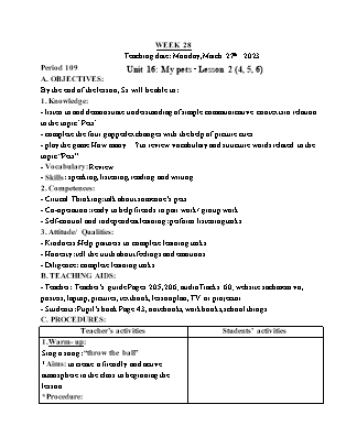 Giáo án Tiếng Anh Lớp 3 - Tuần 28 - Unit 16: My pets - Lesson 2. Period 109 - Lê Thị Lan Anh