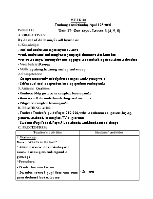 Giáo án Tiếng Anh Lớp 3 - Tuần 30 - Unit 17: Our toys - Lesson 3. Period 117 - Lê Thị Lan Anh