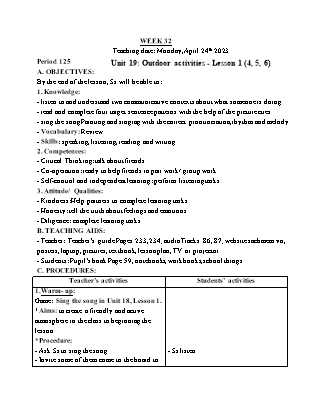 Giáo án Tiếng Anh Lớp 3 - Tuần 32 - Unit 19: Outdoor activities - Lesson 1. Period 125 - Lê Thị Lan Anh