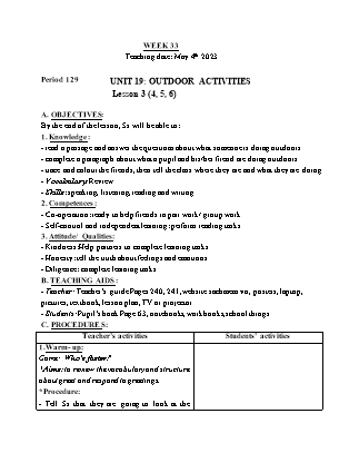 Giáo án Tiếng Anh Lớp 3 - Tuần 33 - Unit 19: Outdoor activites - Lesson 3. Period 129 - Trần Thị Thư Hương
