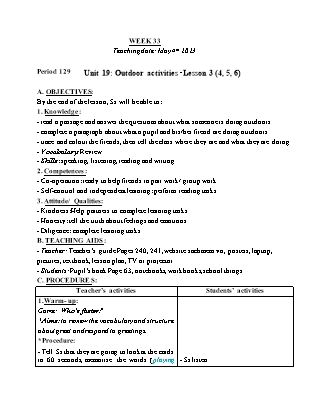 Giáo án Tiếng Anh Lớp 3 - Tuần 33 - Unit 19: Outdoor activities - Lesson 3. Period 129 - Năm học 2022-2023 - Trần Thị Kim Thoa