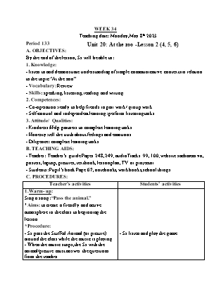 Giáo án Tiếng Anh Lớp 3 - Tuần 34 - Unit 20: At the zoo - Lesson 2. Period 133 - Lê Thị Lan Anh