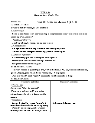 Giáo án Tiếng Anh Lớp 3 - Tuần 34 - Unit 20: At the zoo - Lesson 2. Period 133 - Năm học 2022-2023 - Trần Thị Kim Thoa