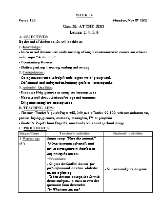 Giáo án Tiếng Anh Lớp 3 - Tuần 34 - Unit 20: At the zoo - Lesson 2. Period 133 - Hoàng Bích Như