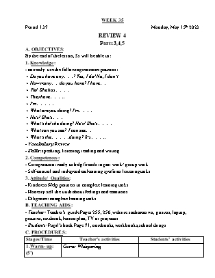 Giáo án Tiếng Anh Lớp 3 - Tuần 35 - Review 4 - Part: 3, 4, 5. Period 137 - Hoàng Bích Như
