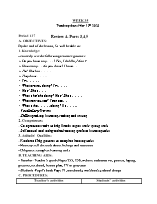 Giáo án Tiếng Anh Lớp 3 - Tuần 35 - Review 4 - Parts 3, 4, 5. Period 129 - Trần Thị Thư Hương