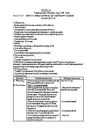 Giáo án Tiếng Anh Lớp 4 - Tuần 32 - Unit 19: What animal do you want to see - Lesson 1. Period 125 - Lê Thị Lan Anh