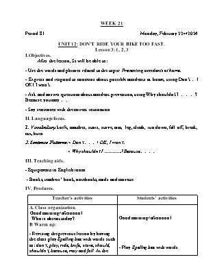 Giáo án Tiếng Anh Lớp 5 - Tuần 21 - Unit 12: Dont ride your bike too fast - Lesson 3. Period 81 - Hoàng Bích Như