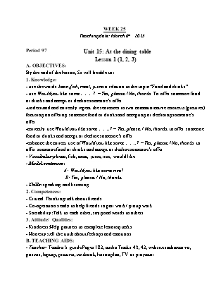 Giáo án Tiếng Anh Lớp 5 - Tuần 25 - Unit 15: At the dining table - Lesson 1. Period 97 - Trần Thị Thư Hương
