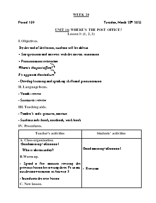 Giáo án Tiếng Anh Lớp 5- Tuần 28 - Unit 16: Wheres the post office - Lesson 3. Period 109 - Trần Thị Thư Hương