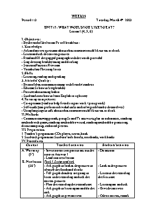 Giáo án Tiếng Anh Lớp 5 - Tuần 29 - Unit 17: What would you like to eat - Lesson 1. Period 113 - Trần Thị Thư Hương