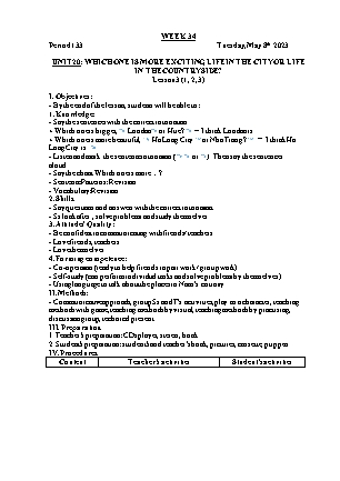 Giáo án Tiếng Anh Lớp 5 - Tuần 34 - Unit 20: Which one is more exciting, life in the city or life in the countryside - Lesson 3. Period 133 - Trần Thị Thư Hương