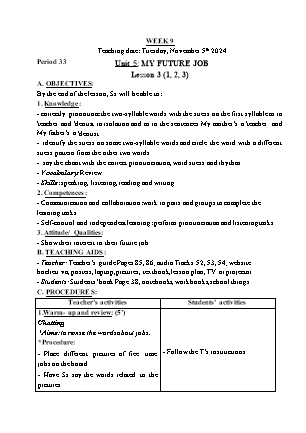 Giáo án Tiếng Anh Lớp 5 - Tuần 9 - Unit 5: My future job - Lesson 3. Period 33 - Hoàng Bích Như