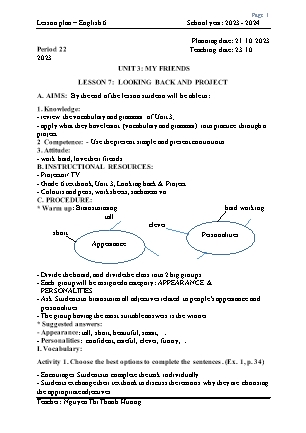 Giáo án Tiếng Anh Lớp 6 - Period 22. Unit 3: My friends - Lesson 7: Looking back and project - Nguyen Thi Thanh Huong