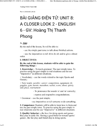 Giáo án Tiếng Anh Lớp 6 - Unit 8: Sport and games - A closer look 2 - Hoàng Thị Thanh Phong