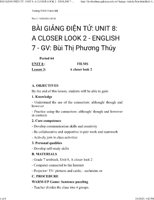 Giáo án Tiếng Anh Lớp 7 - Unit 8: Films - Lesson 3: A closer look 2 - Bùi Thị Phương Thúy