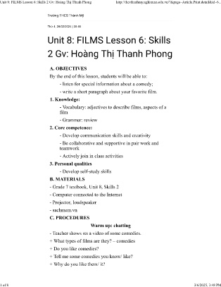 Giáo án Tiếng Anh Lớp Lớp 7 - Unit 8: Films - Lesson 6: Skills 2 - Hoàng Thị Thanh Phong