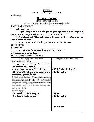 Kế hoạch bài dạy các môn Lớp 2 - Tuần 34 (Thứ 2, 3, 4) - Năm học 2022-2023 - Trần Thị Thu Hằng