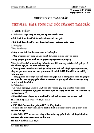 Kế hoạch bài dạy môn Toán Lớp 7 (Cánh diều) - Chương VII: Tam giác - Tiết 51 + 52. Bài 1: Tổng hợp các góc của một tam giác - Hồ Thị Thúy
