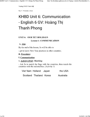 Kế hoạch bài dạy Tiếng Lớp 6 - Unit 6: Communication - Hoàng Thị Thanh Phong