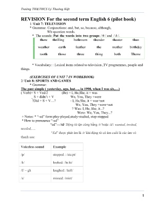 Tài liệu ôn tập môn Tiếng Anh Lớp 6 thí điểm - Unit 7 đến Unit 11 - Trường TH&THCS Lý Thường Kiệt