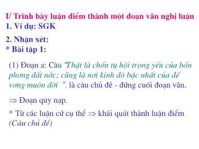 Bài giảng môn Ngữ văn 8 - Tiết 100: Viết đoạn văn trình bày luận điểm
