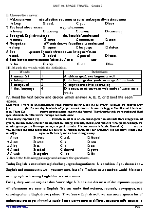 Bài tập môn Tiếng Anh 9 - Unit 10: Space travel