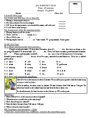 Đề kiểm tra 1 tiết môn Tiếng Anh lần 4 - Lớp 6 - Duc Thanh Junior High School (Có đáp án + Ma trận)