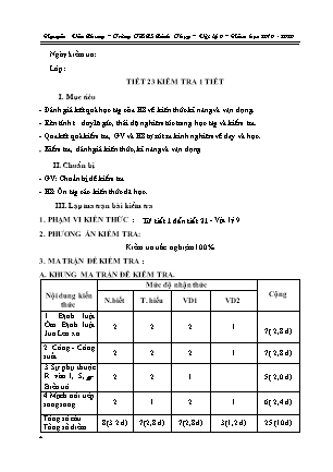 Đề kiểm tra 1 tiết môn Vật lí 9 - Năm học 2019-2020 - Nguyễn Văn Chung (Có đáp án + Ma trận)