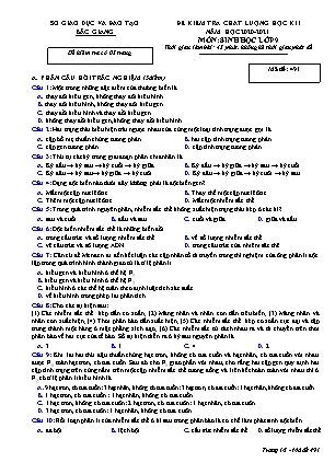 Đề kiểm tra chất lượng học kì 1 môn Sinh học 9 - Mã đề 491 - Năm học 2020-2021 - PGD Bắc Giang