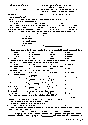 Đề kiểm tra chất lượng học kì 1 môn Tiếng Anh 9 - Mã đề 8901 - Năm học 2018-2019 - SGD Bắc Giang