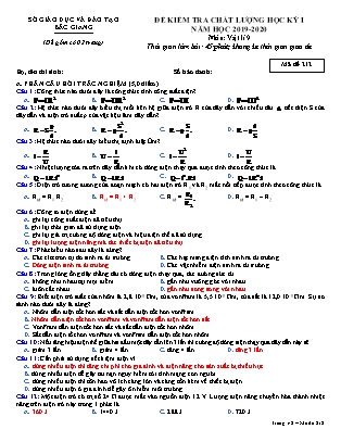 Đề kiểm tra chất lượng học kì 1 môn Vật lí 9 - Mã đề 212 - Năm học 2019-2020 - Sở giáo dục đào tạo Bắc Giang (Có đáp án)
