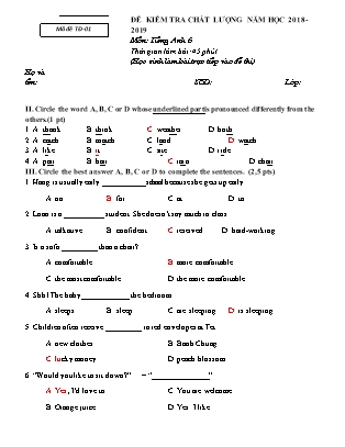 Đề kiểm tra chất lượng Tiếng Anh 6 - Năm học 2018-2019 (Có đáp án)