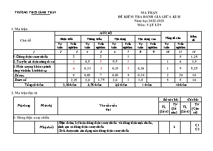 Đề kiểm tra đánh giá giữa học kì 2 môn Vật lí 9 - Năm học 2022-2023 - Trường THCS Cảnh Thụy (Có đáp án + Ma trận)