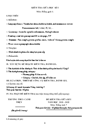 Đề kiểm tra giữa học kì 1 môn Tiếng Anh - Lớp 7 - Năm học 2021-2022 - Trường THCS Cảnh Thụy