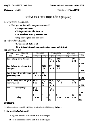 Đề kiểm tra môn Tin học 6 - Năm học 2020-2021 - Ong Thị Thu (Có đáp án)