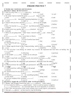 Đề ôn tập môn Tiếng Anh 7- Practice 7 (Có đáp án)