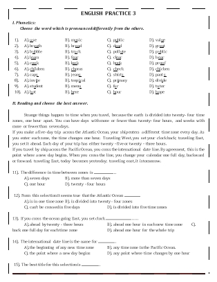 Đề ôn tập môn Tiếng Anh Lớp 6 - Đề 3 (Có đáp án)
