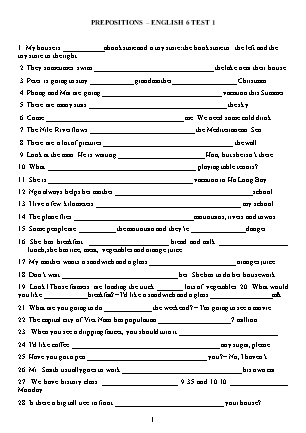 Đề ôn tập môn Tiếng Anh - Lớp 6 - Prepositions - Test 1