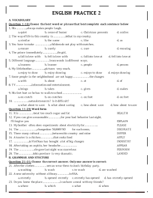Đề ôn tập môn Tiếng Anh Lớp 7 (Có đáp án)