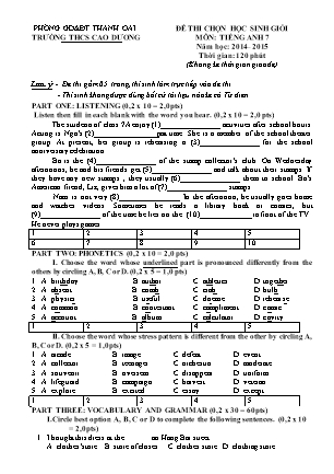 Đề thi chọn HSG Tiếng Anh - Lớp 7 - Năm học 2014-2015 - Trường THCS Cao Dương