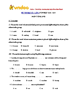 Đề thi học kì 1 môn Tiếng Anh 6 - Năm học 2018-2019