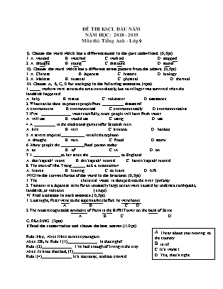 Đề thi khảo sát chất lượng đầu năm môn Tiếng Anh 9 - Năm học 2018-2019 (Có đáp án + Ma trận)