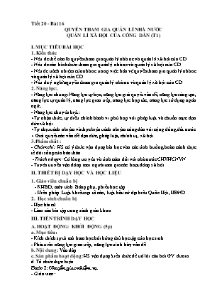 Giáo án Giáo dục công dân 9 - Bài 16: Quyền tham gia quản lí nhà nước. Quản lí xã hội của công dân (Tiết 1)