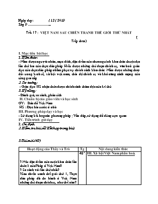 Giáo án Lịch sử 9 - Tiết 17: Việt Nam sau chiến tranh thế giới thứ nhất - Năm học 2019-2020