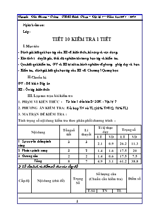 Giáo án môn Vật lí 7 - Tiết 10: Kiểm tra một tiết - Năm học 2018-2019 - Nguyễn Văn Chung