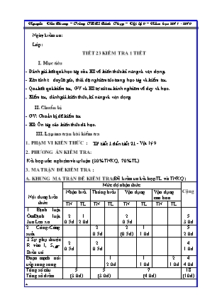 Giáo án môn Vật lí 9 - Tiết 23: Kiểm tra một tiết - Năm học 2018-2019 - Nguyễn Văn Chung