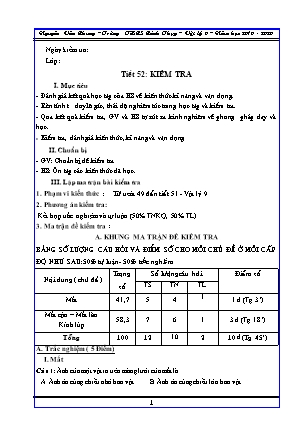Giáo án môn Vật lí 9 - Tiết 52: Kiểm tra - Năm học 2019-2020 - Nguyễn Văn Chung (Có đáp án +  Ma trận)
