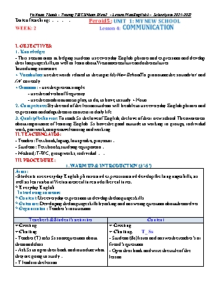 Giáo án Tiếng Anh 6 - Unit 1: My new scholl - Năm học 2021-2022 - Vũ Xuân Thành